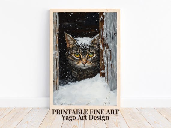 Winter Art Moody Cat Art Rustic Farmhouse Wall Art Winter Home Decor Holiday Poster Lovely Cat Painting Cat Lover Gift