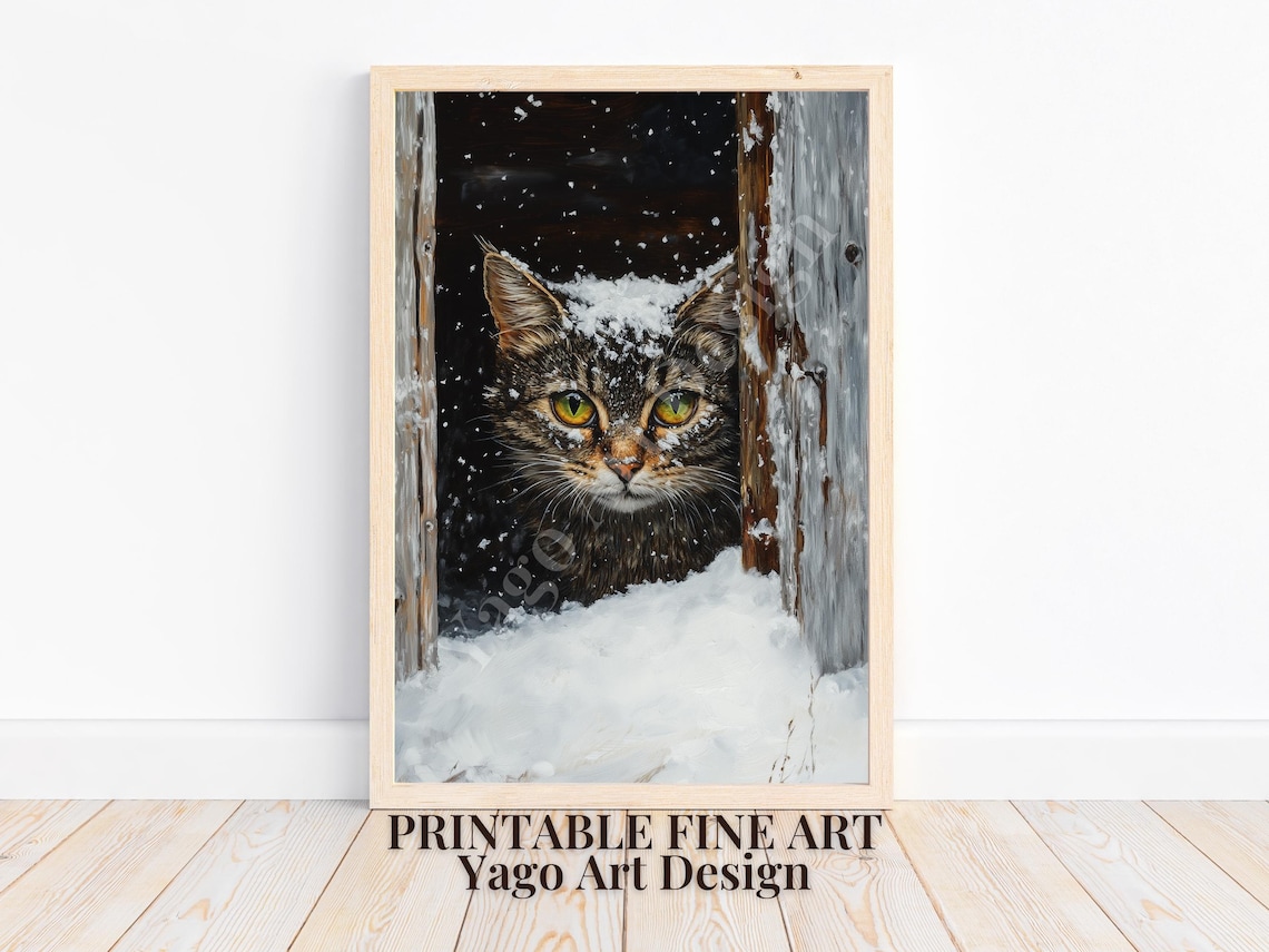 Tabby Cat in Falling Snow Moody Winter Oil Painting Art Poster