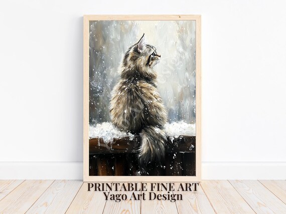 Fluffy Long Haired Cat in Snowfall on Fence Winter Painting Poster