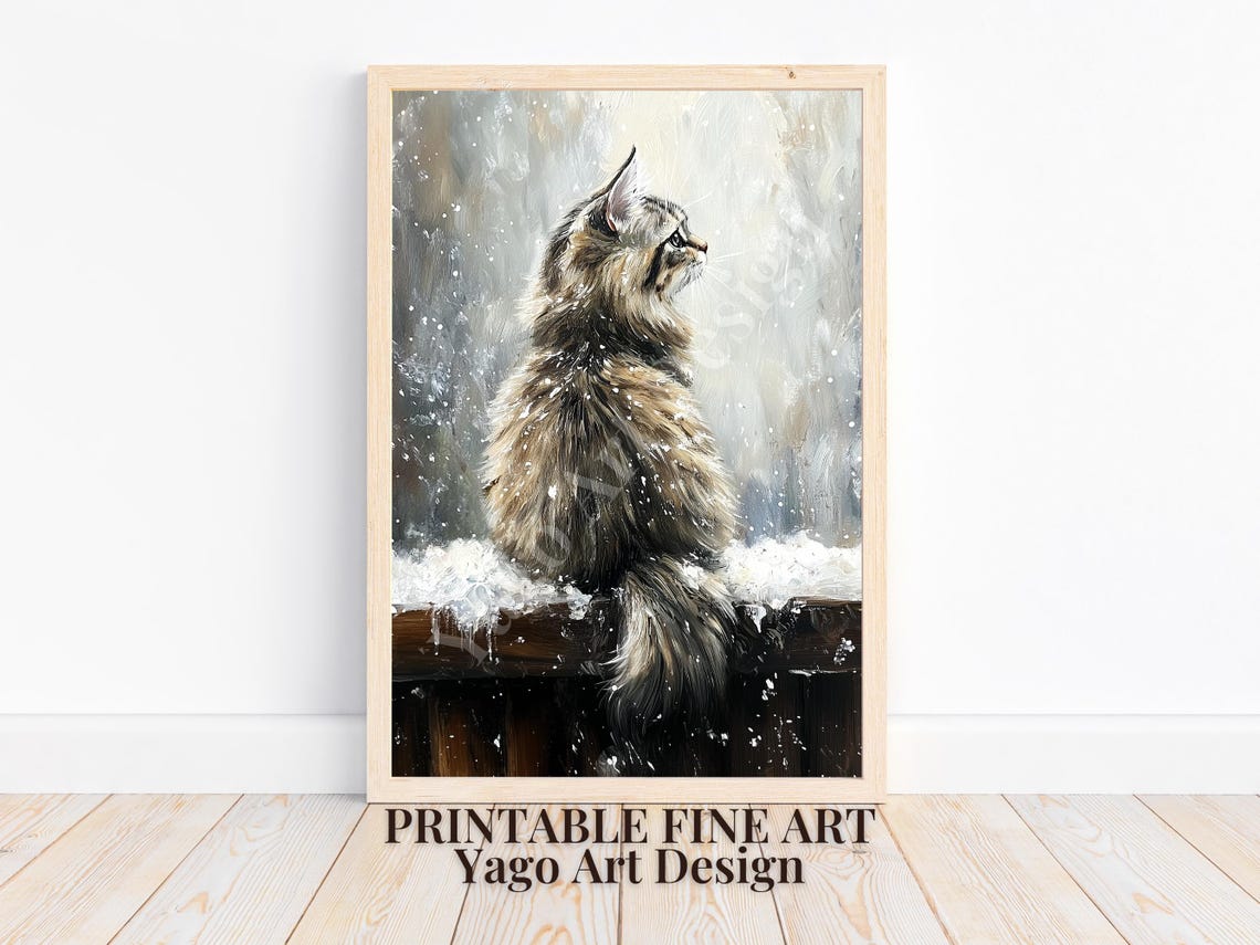 Fluffy Long Haired Cat in Snowfall on Fence Winter Painting Poster