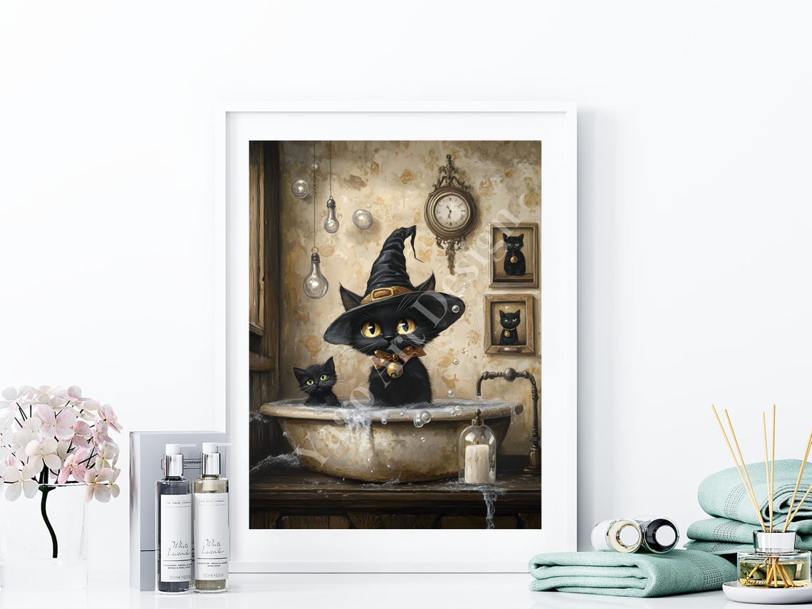 Black Cats in Vintage Bathtub Witch Hat Cute Halloween Art Poster - Image 4