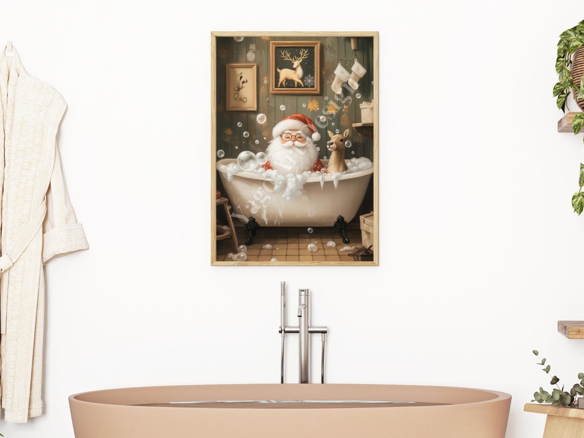 Santa Claus in Bubble Bath with Reindeer Poster Funny Christmas - Image 2