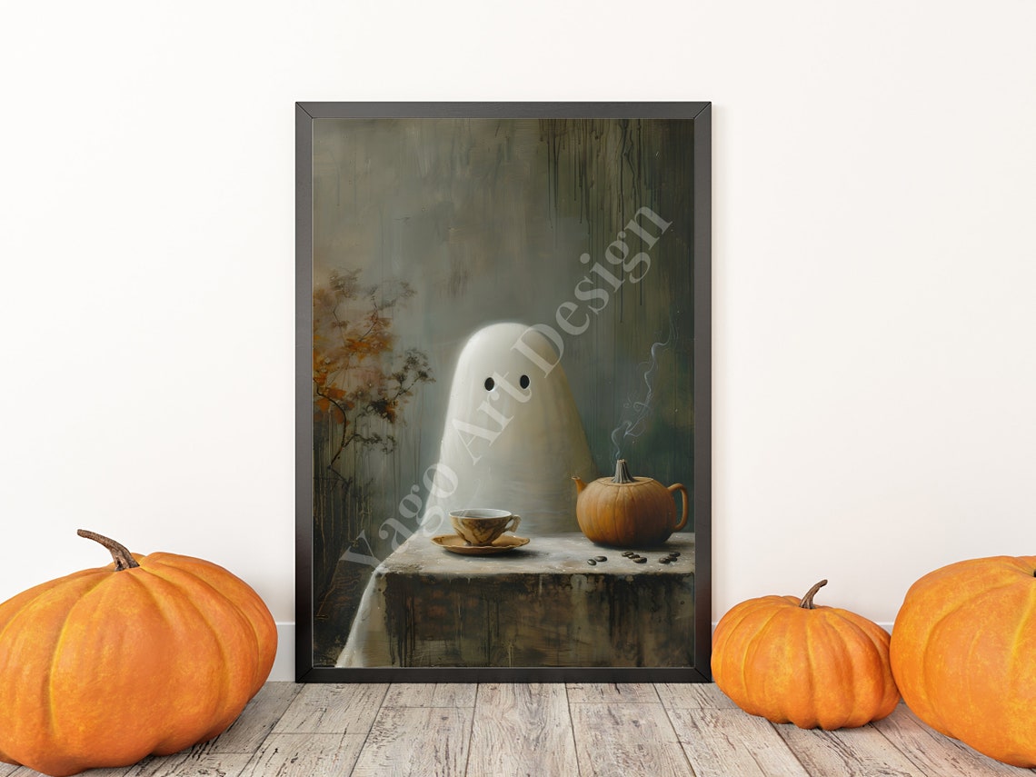 Cute Cozy Ghost Drinking Coffee by Pumpkin Teapot Halloween Poster - Image 3