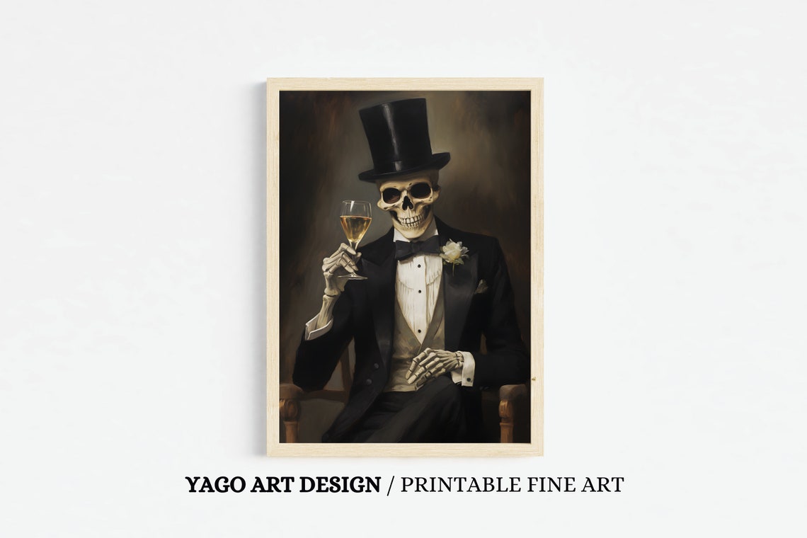 Elegant Skeleton Gentleman Champagne Top Hat Gothic Halloween Poster