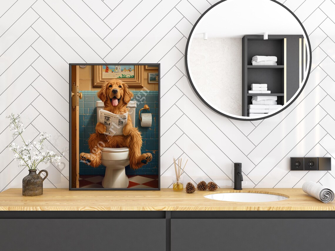 Golden Retriever On Toilet Art Print Funny Bathroom Humor Dog Wall Decor Funny Animal Poster Cute Dog Wall Decor Dog Poster - Image 2