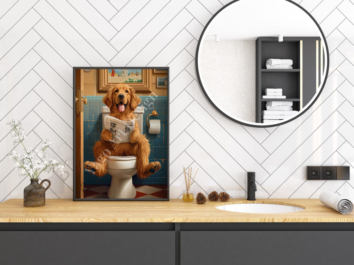 Golden Retriever On Toilet Reading Newspaper Funny Bathroom Poster - Image 2