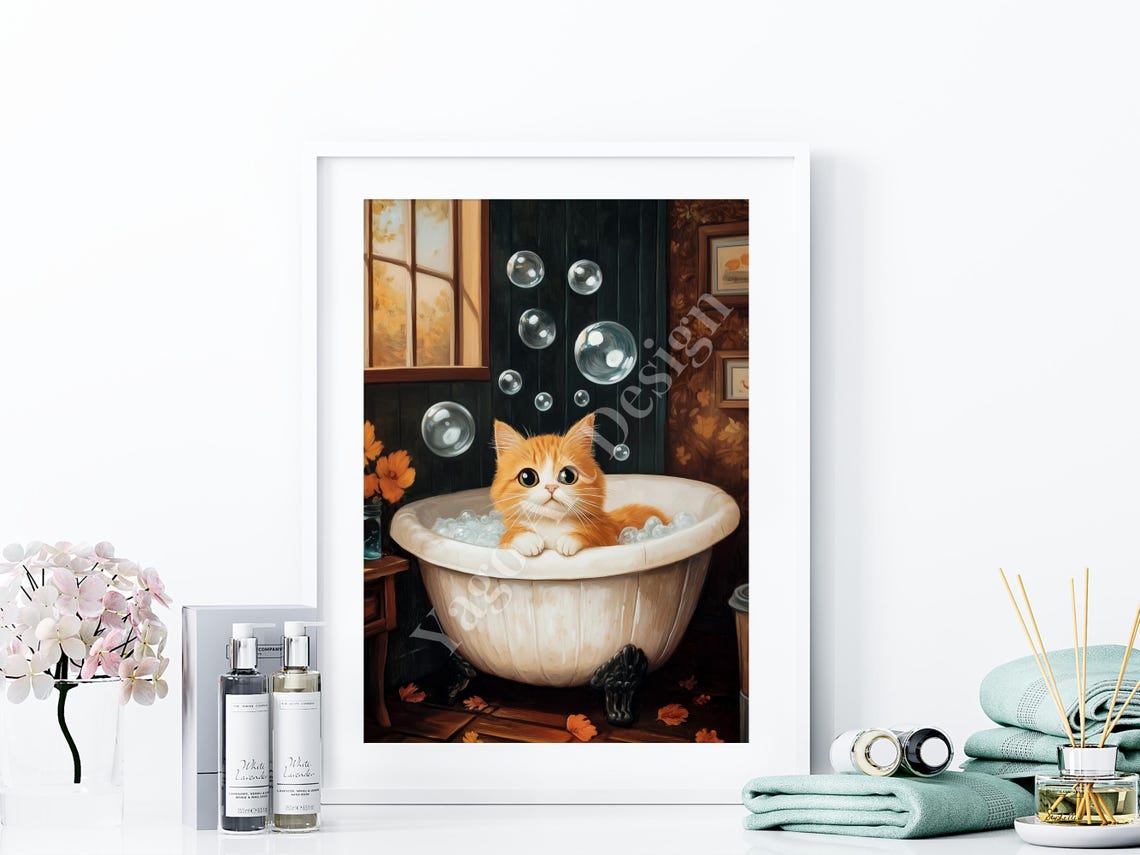 Orange Cat in Bubble Bath Poster Vintage Clawfoot Tub Wall Decor - Image 4