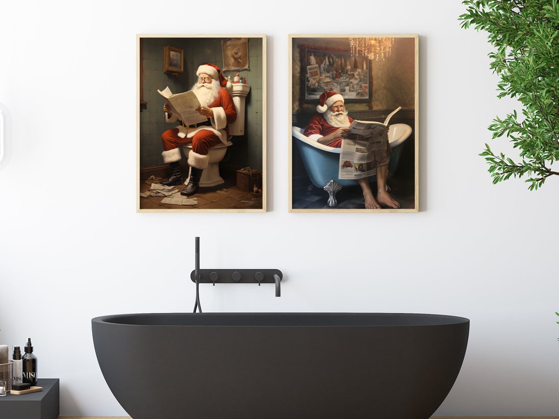 Santa In Blue Bathtub Reading Newspaper Funny Christmas Poster - Image 2