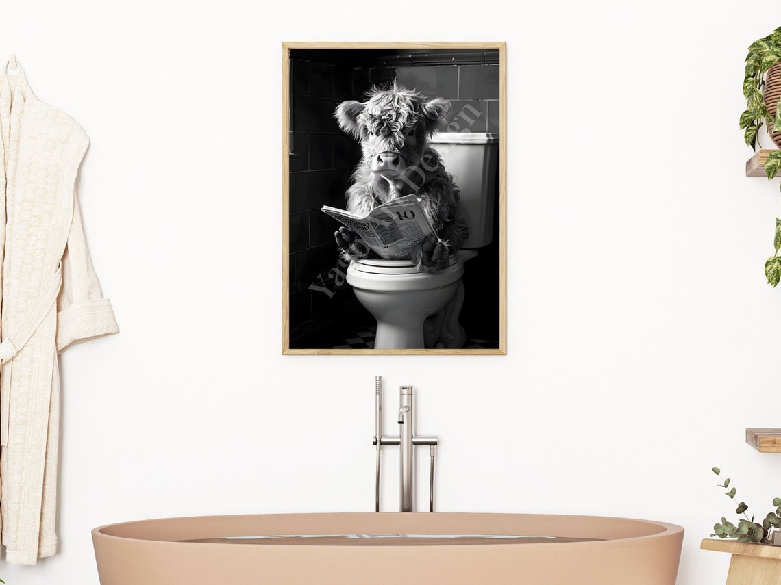 Pink Highland Cow Calf Reading on Toilet Cute Bathroom Poster - Image 3