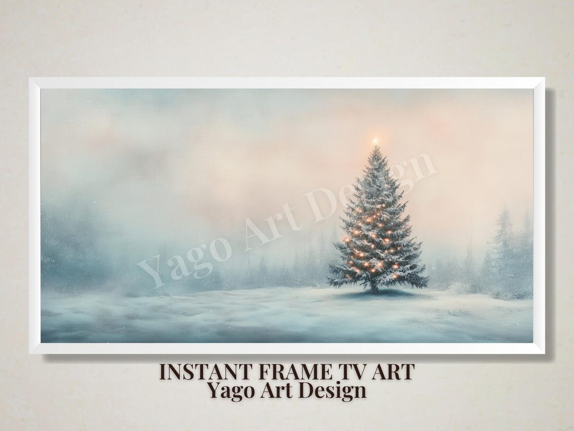 Snowy Christmas Tree Landscape Poster Winter Oil Painting Art - Image 2