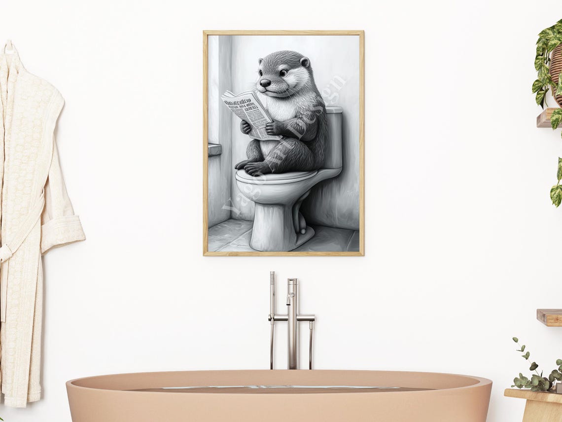 Otter Reading Newspaper on Toilet Poster Minimalist Bathroom Art - Image 2