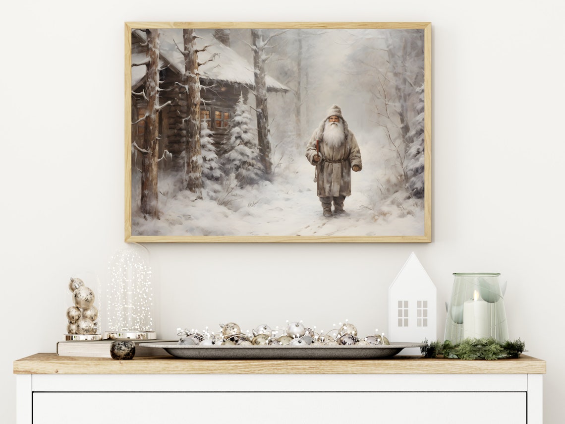 Santa Claus Walking in Snowy Forest Vintage Winter Scene Poster - Image 3
