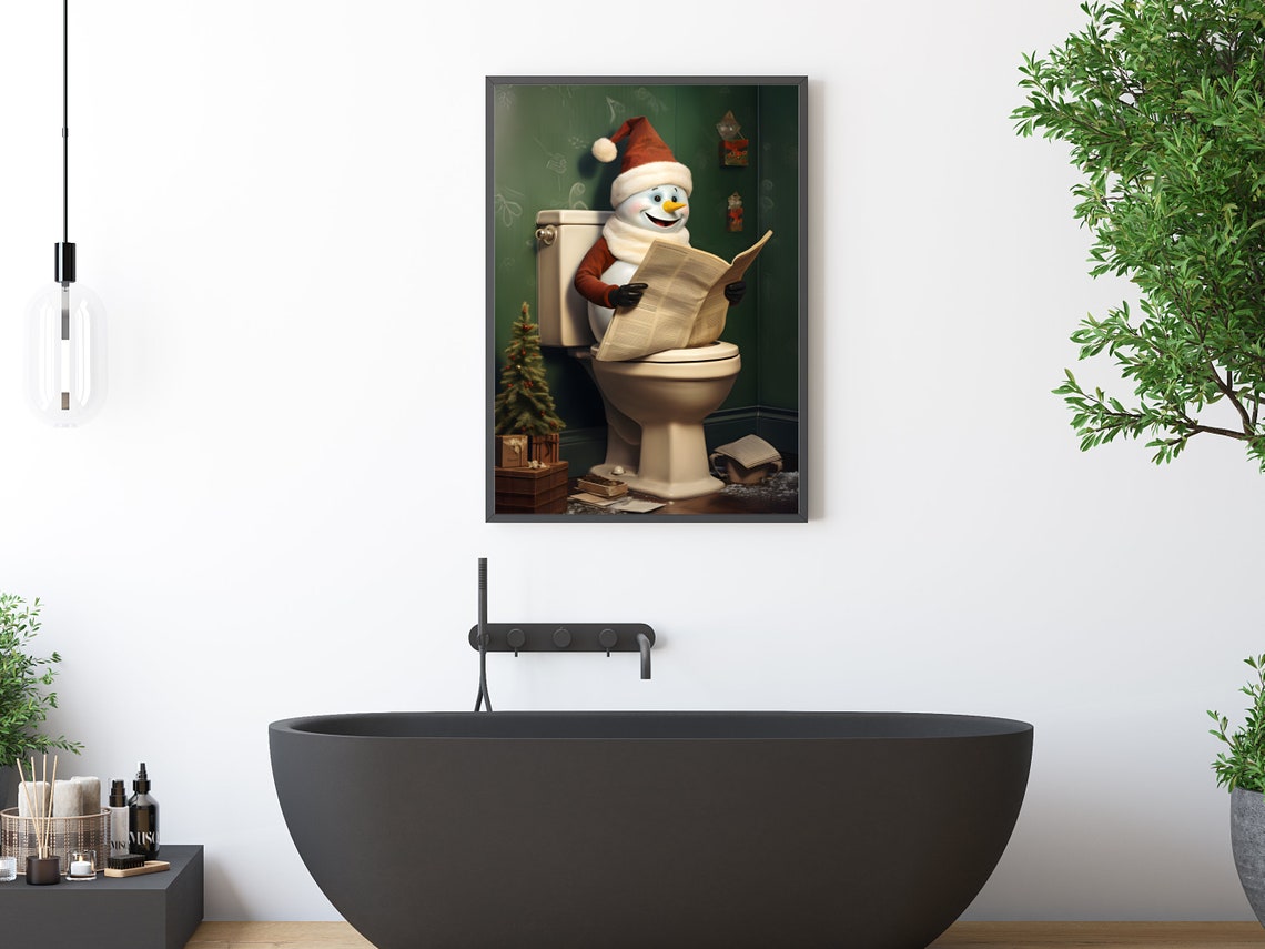 Cheerful Snowman On Toilet Reading Newspaper Funny Christmas Poster - Image 3