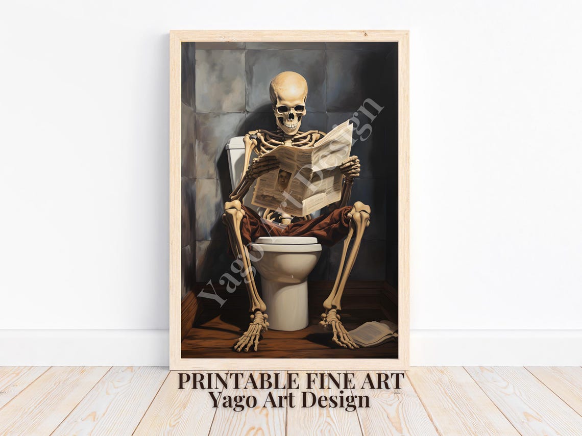 Skeleton On Toilet Reading Newspaper Funny Gothic Bathroom Poster