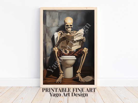 Skeleton On Toilet Reading Newspaper Funny Gothic Bathroom Poster
