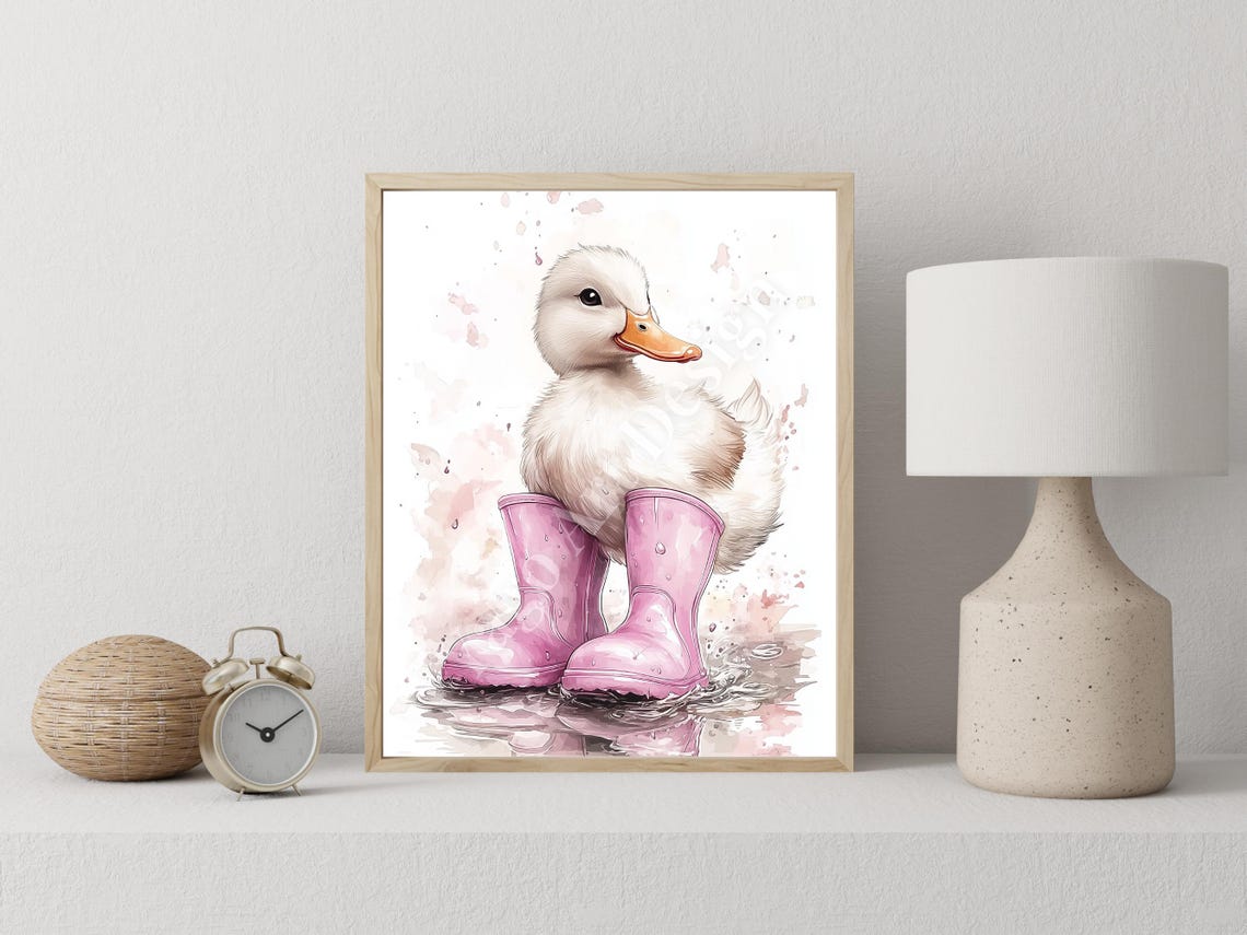 Duckling in Pink Rain Boots Splashing in Puddle Watercolor Poster - Image 4