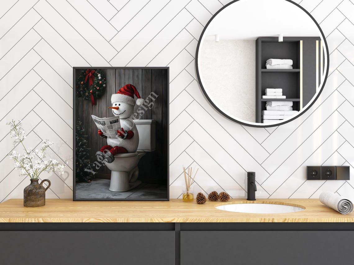 Cute Snowman Reading Newspaper on Toilet Christmas Bathroom Poster - Image 2