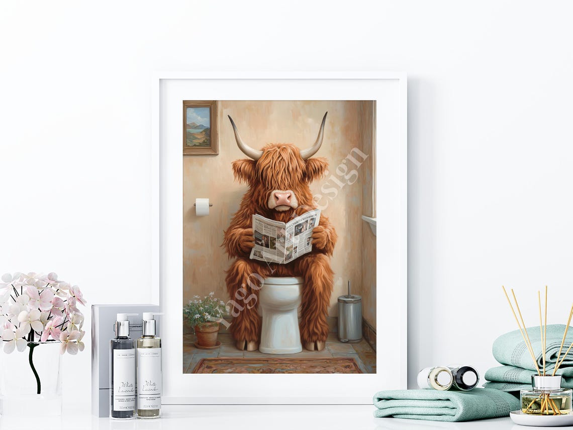Highland Cow Reading Newspaper on Toilet Poster Rustic Bathroom Art - Image 4
