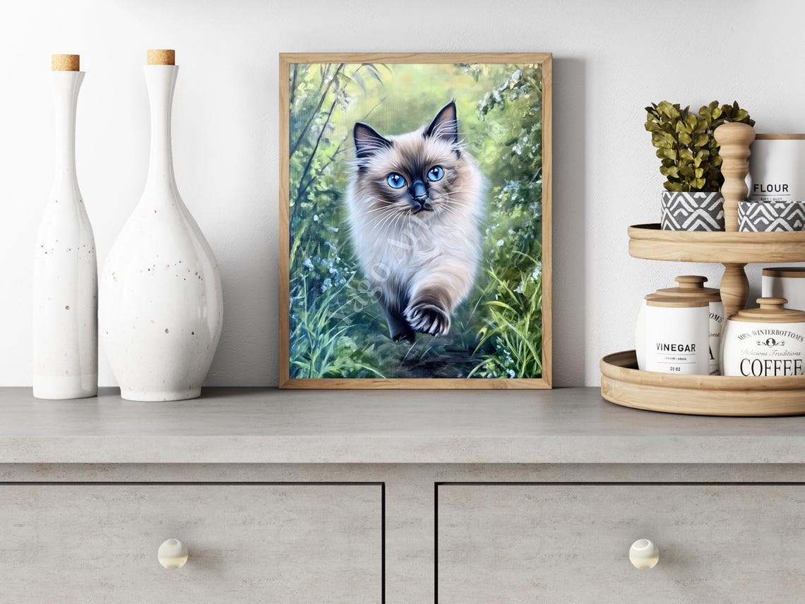 Fluffy Siamese Style Cat Walking In Green Forest Garden Poster - Image 2