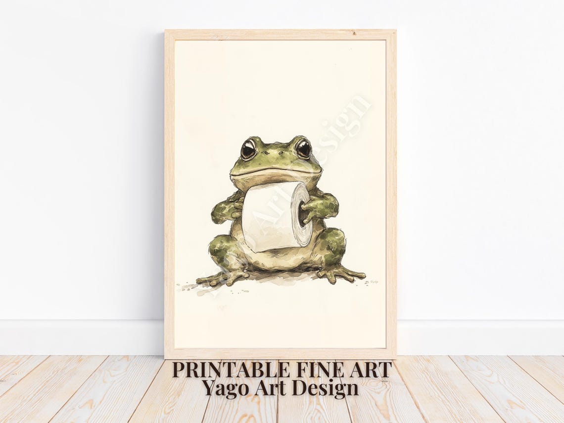 Toad Holding Toilet Paper Roll Minimalist Funny Bathroom Poster