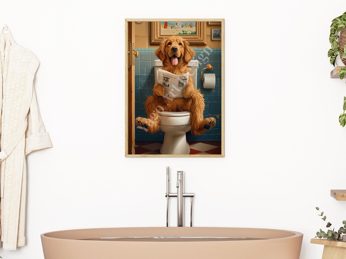 Golden Retriever On Toilet Art Print Funny Bathroom Humor Dog Wall Decor Funny Animal Poster Cute Dog Wall Decor Dog Poster