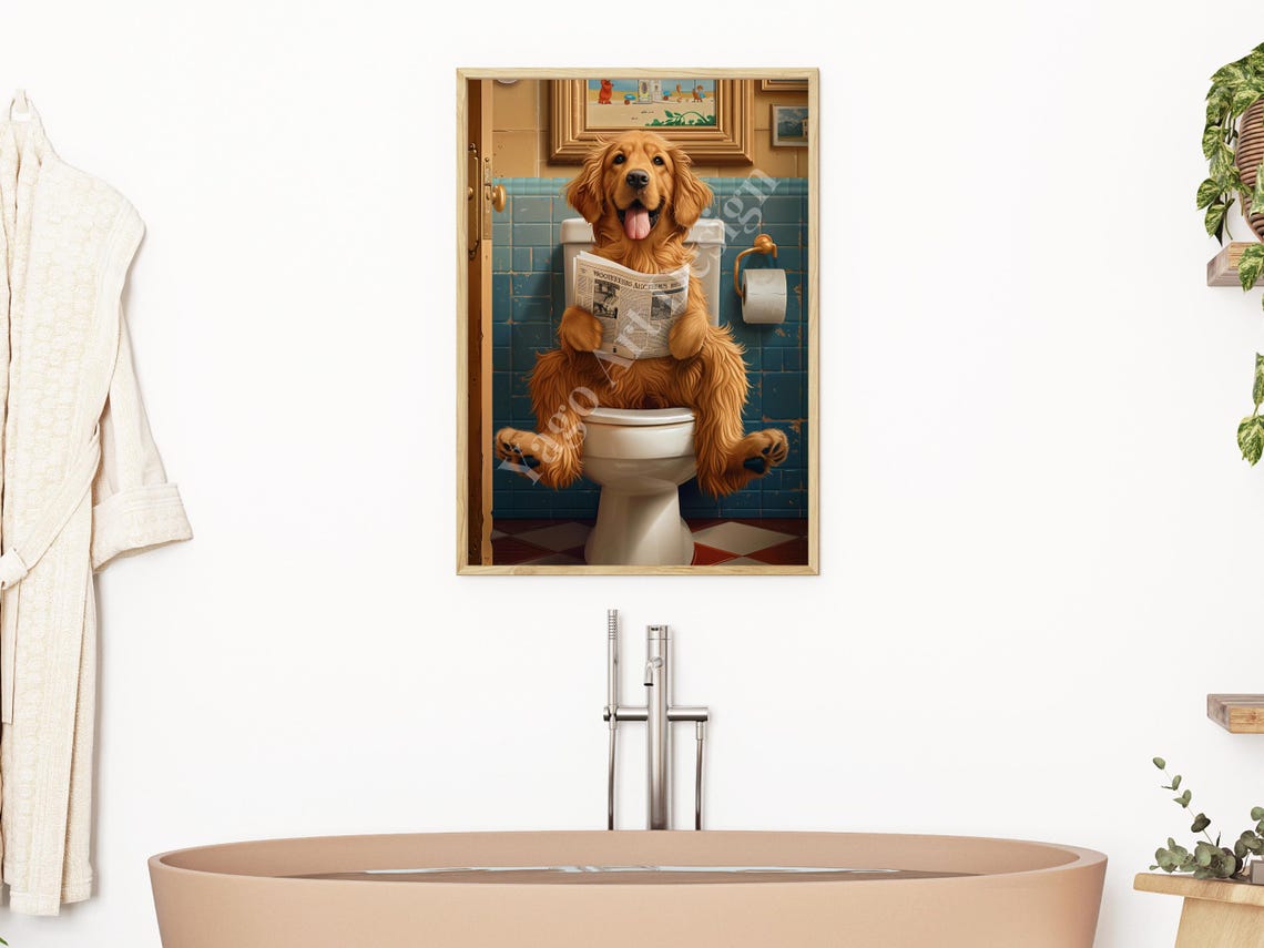 Golden Retriever On Toilet Reading Newspaper Funny Bathroom Poster