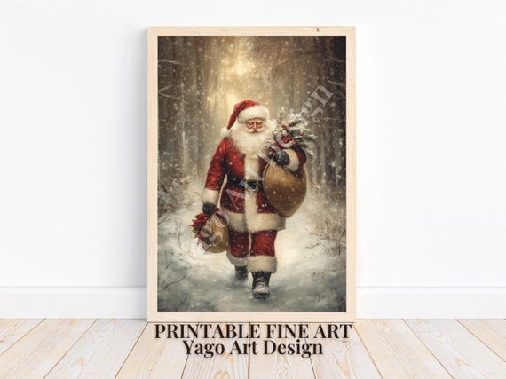 Santa Claus Wall Art Print Forest Snowfall Winter Art Antique Christmas Decor Moody Snowy Pine Tree Forest Oil Painting Rustic Farmhouse