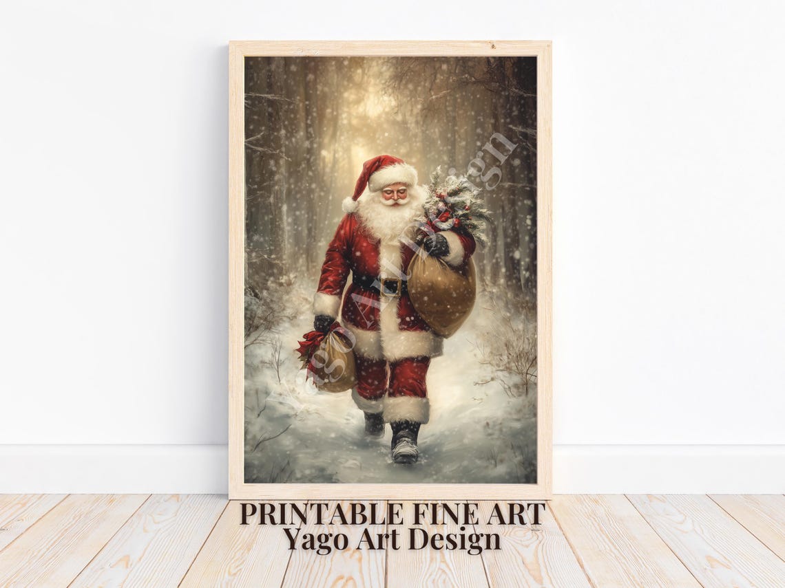 Santa Claus Walking Through Snowy Forest Poster Winter Night Art
