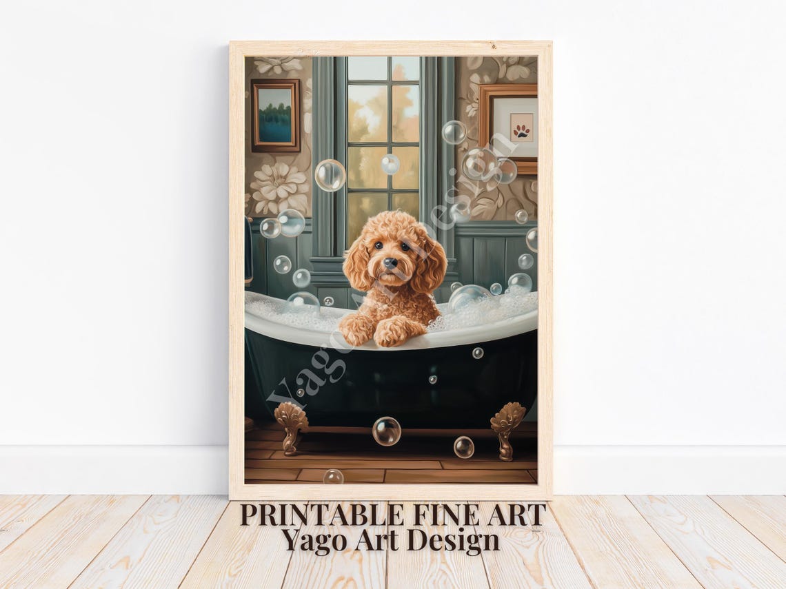 Goldendoodle Puppy in Bubble Bath Vintage Clawfoot Tub Bathroom Poster