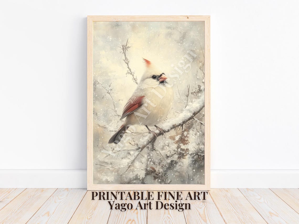 Snow Covered White Cardinal Branch Rustic Winter Bird Poster - Image 4
