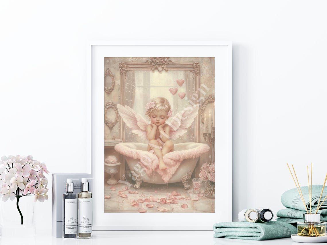 Cupid Angel Relaxing in Clawfoot Bathtub Valentine Bathroom Poster - Image 4