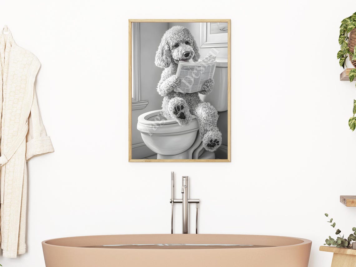 Goldendoodle Reading Newspaper on Toilet Funny Bathroom Poster - Image 3