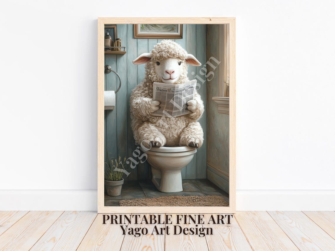 Lamb Sitting On Toilet Art Print Funny Bathroom Print Animal On Toilet Poster Whimsy Animal Decor Modern Fine Animal On Toilet Painting