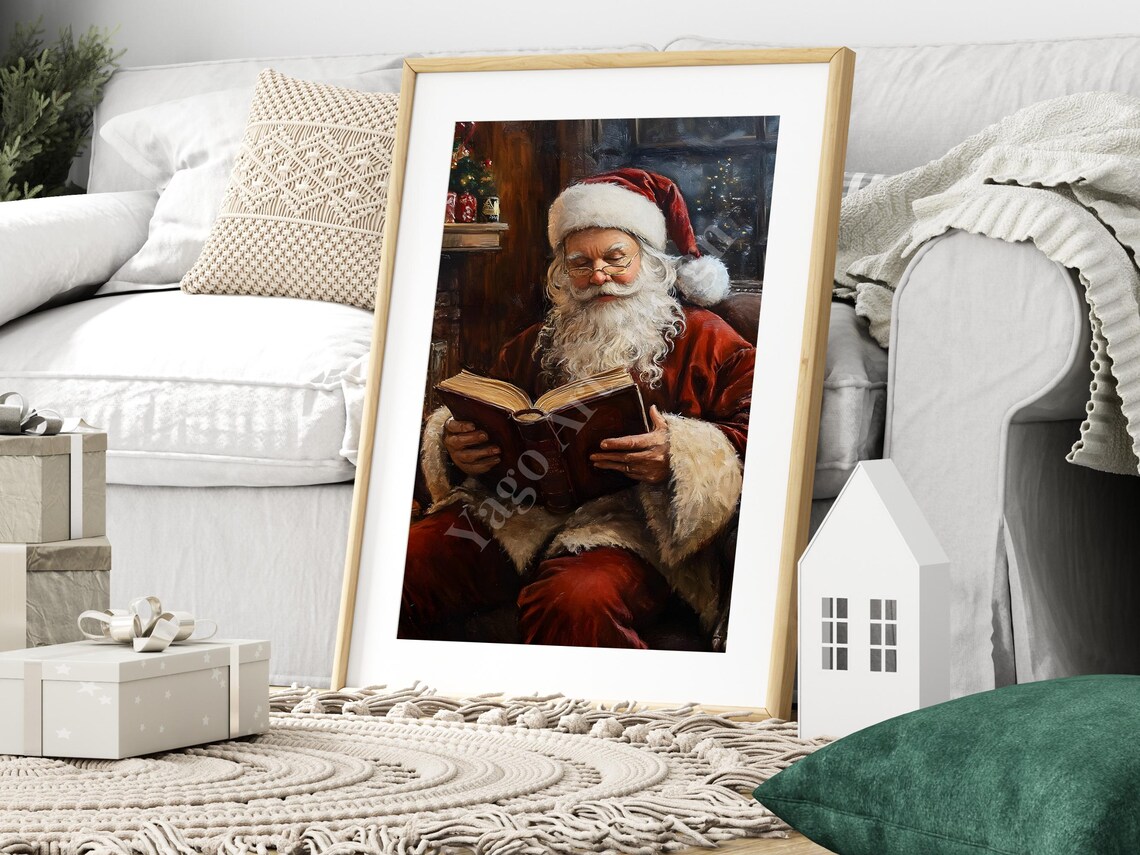 Vintage Santa Reading Book by Fireplace Cozy Christmas Art Poster - Image 3