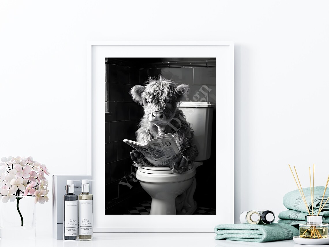 Pink Highland Cow Calf Reading on Toilet Cute Bathroom Poster - Image 4