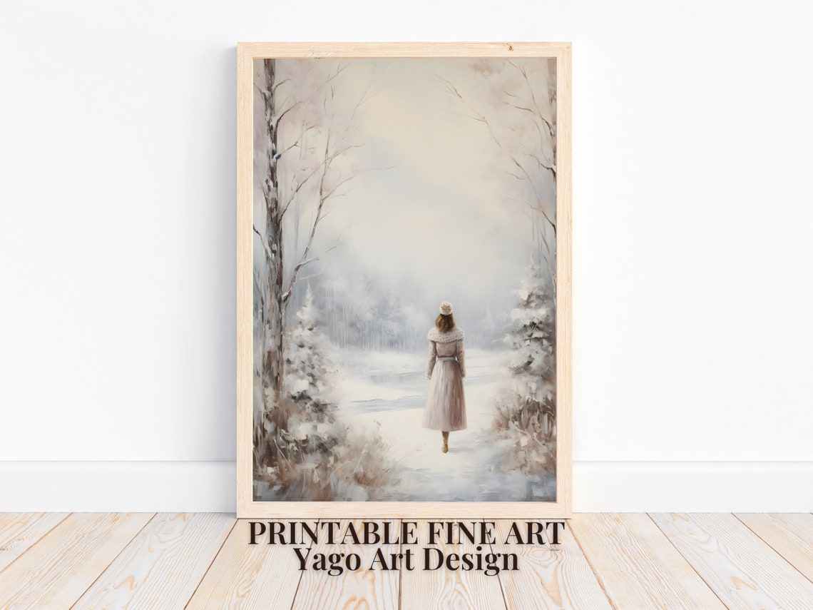 Woman Walking Down Snowy Path Soft Winter Landscape Art Poster