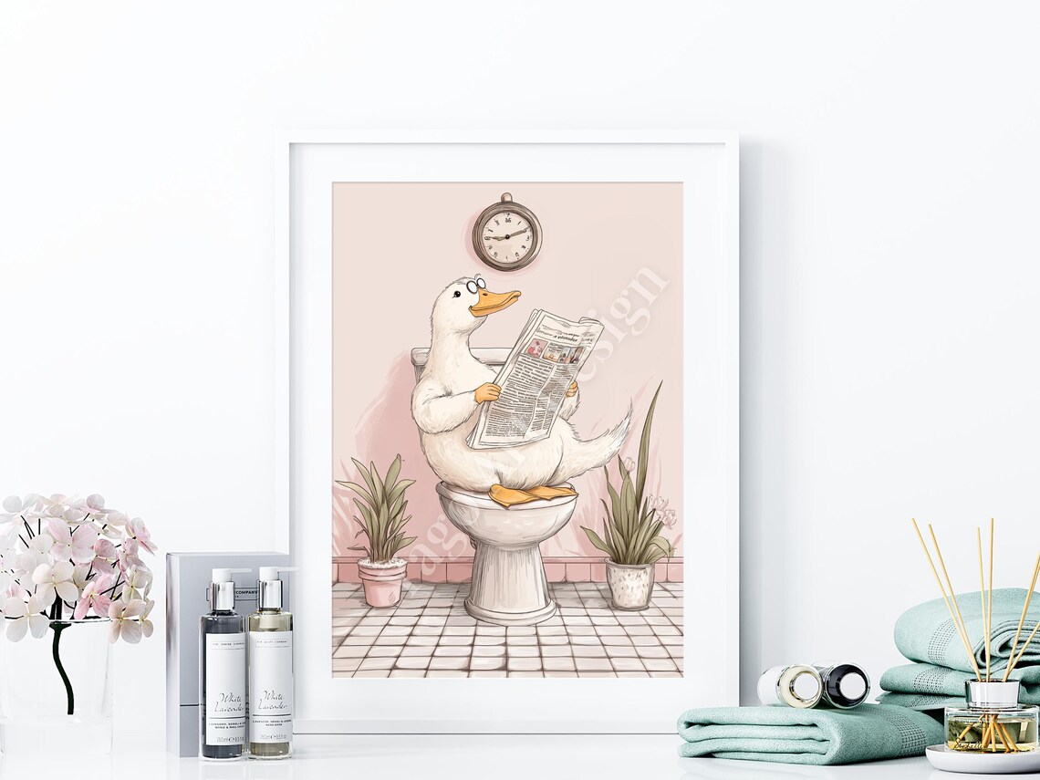 Cute Duck Reading Newspaper on Toilet Pink Funny Bathroom Poster - Image 4