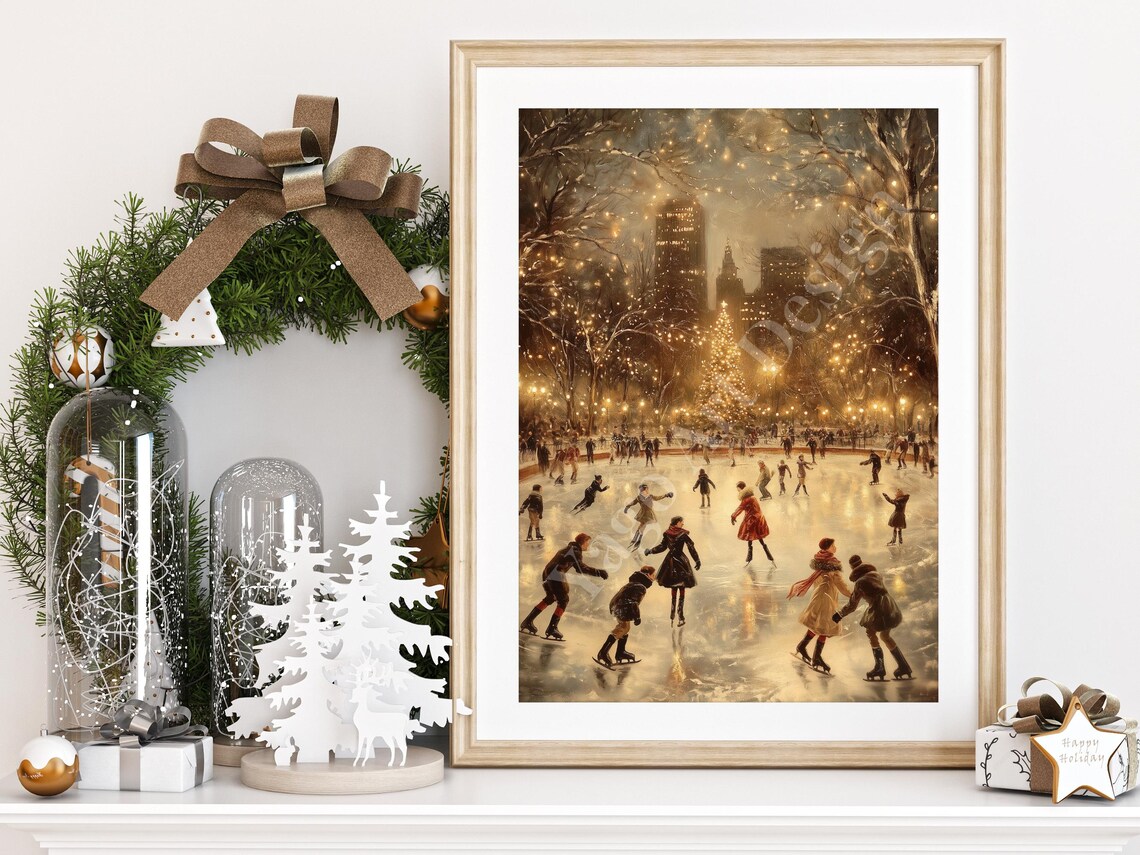 Vintage Ice Skating in Park Art Print, Holiday Decor - Image 2