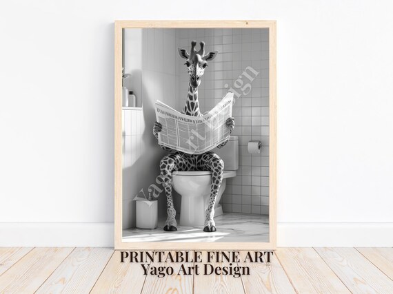 Giraffe Reading Newspaper on Toilet Poster Funny Bathroom Decor