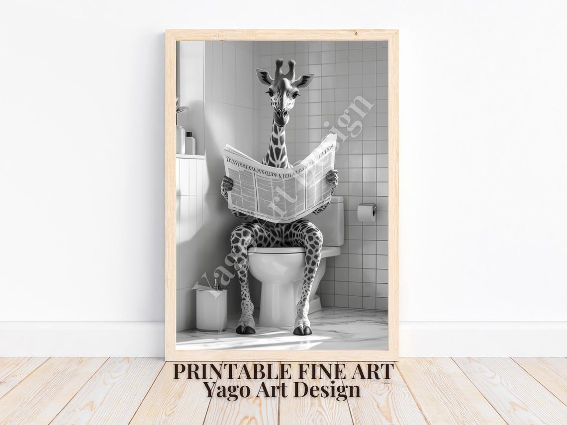 Giraffe Reading Newspaper on Toilet Poster Funny Bathroom Decor