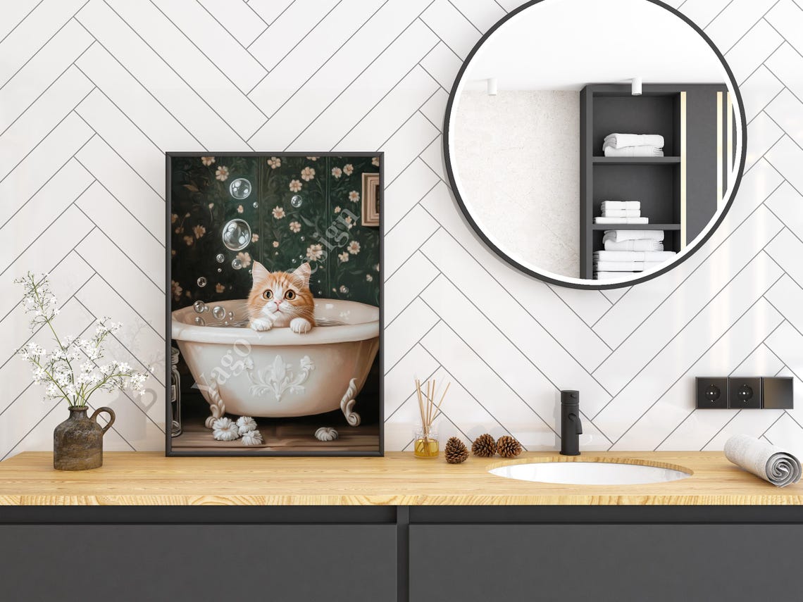 Orange Kitten in Clawfoot Bubble Bath Poster Floral Bathroom Art - Image 3