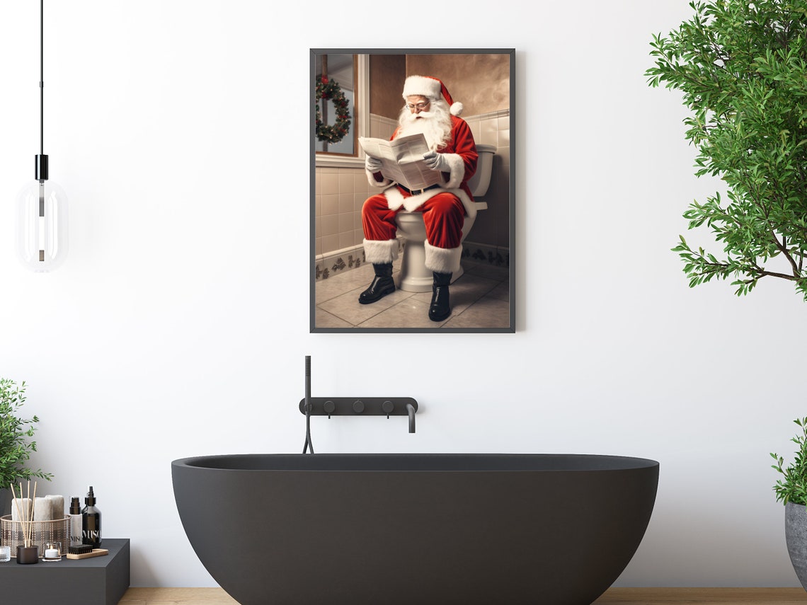 Santa On Toilet Reading Newspaper Tiled Bathroom Christmas Print - Image 3
