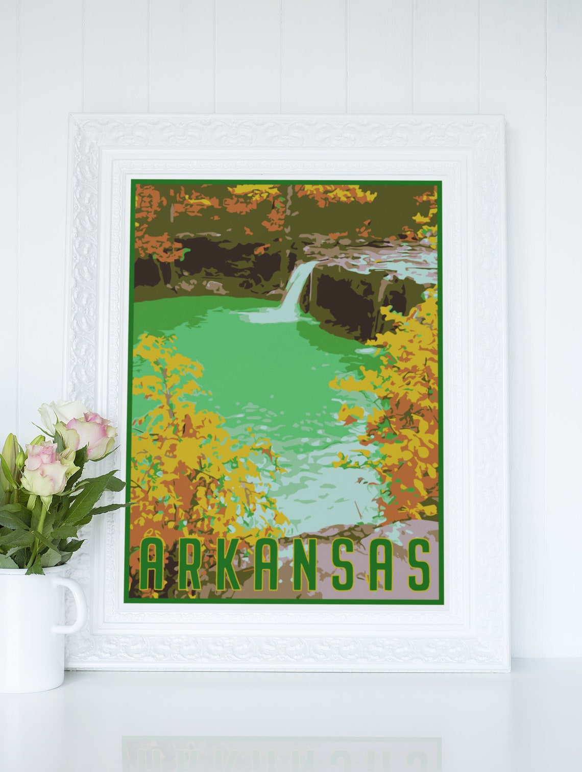 Arkansas Waterfall Emerald Pool Autumn Forest Vintage Travel Poster