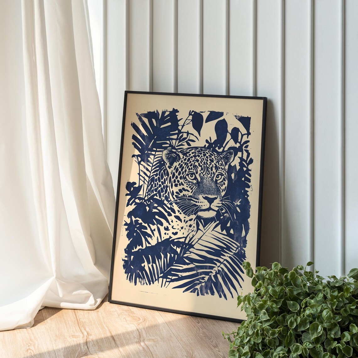 Leopard In Bushes Living Room Wall Art Poster Illustration Decor Flowers
