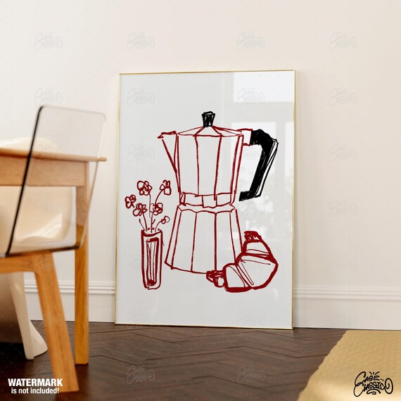 Moka Pot Croissant Flowers Red Sketch Cafe Kitchen Art Poster