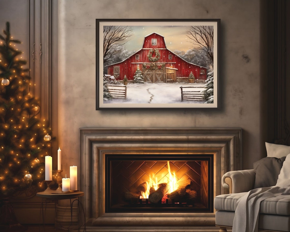 Christmas Farm Red Barn, Rustic Holiday Poster Print - Image 4