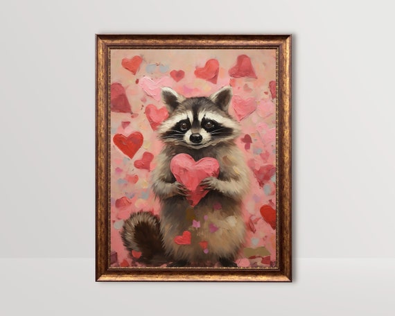 Raccoon Valentine Art Print, Cute Pink Love Decor