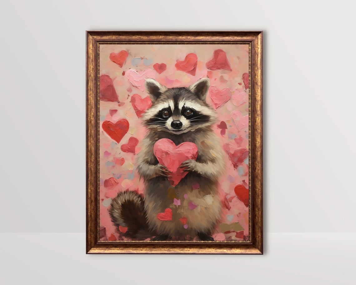 Raccoon Valentine Art Print, Cute Pink Love Decor
