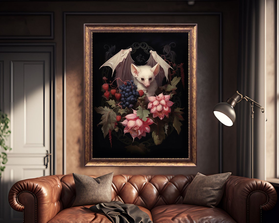 Albino Fruit Bat Gothic Floral Vintage Art Print - Image 4