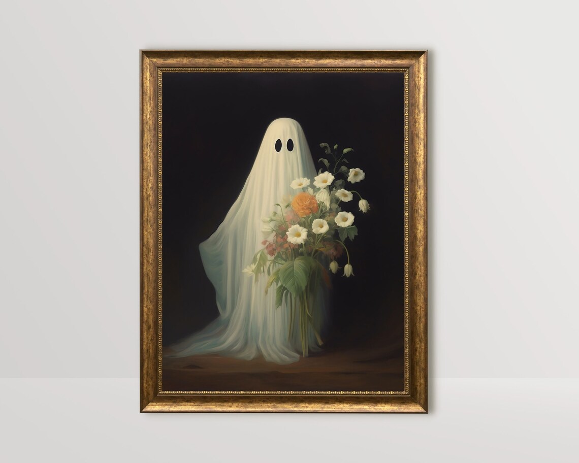 Ghost Holding A Flower Bouquet On Black Whimsical Art Poster